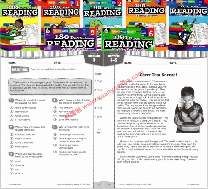 《180Days of 系列全套练习册》阅读语法写作数学高频词35册 英文高清原版PDF 百度云网盘下载