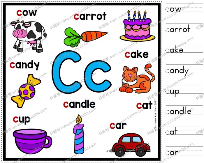 《Alphabet Anchor Chart 英文字母海报》ABC彩色单词描红黑白趣味涂色 PDF格式 百度网盘下载