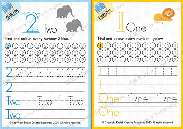 《1-20 英文数字启蒙练习纸》涂色描红可打印 PDF格式百度云网盘下载