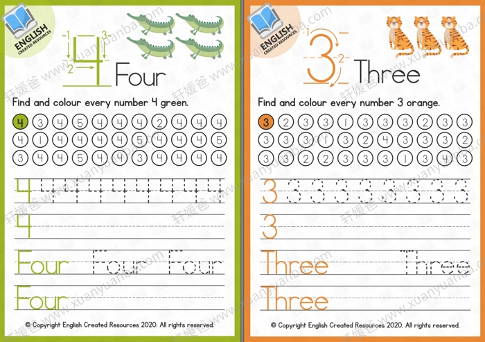《1-20 英文数字启蒙练习纸》涂色描红可打印 PDF格式百度云网盘下载