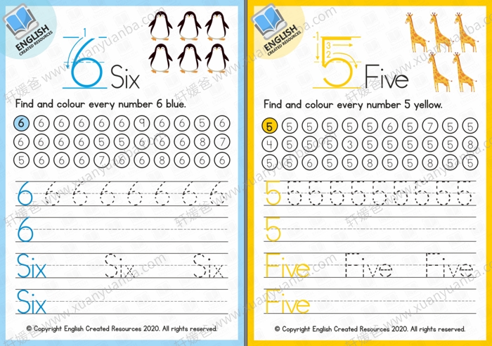 《1-20 英文数字启蒙练习纸》涂色描红可打印 PDF格式百度云网盘下载