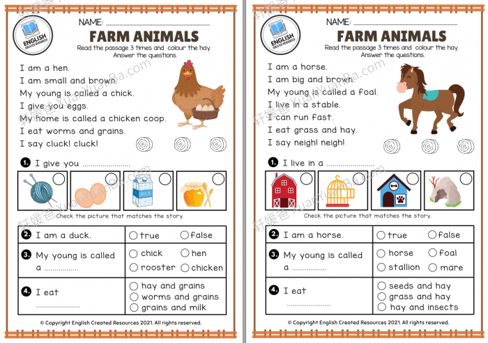 《Farm Animals Reading Comprehension》农场动物阅读理解练习纸PDF 百度云网盘下载