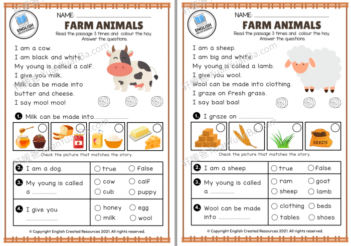 《Farm Animals Reading Comprehension》农场动物阅读理解练习纸PDF 百度云网盘下载