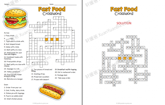 《快餐食物填字游戏》互动练习纸6套PDF 百度网盘下载