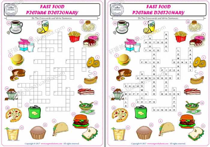 《快餐食物填字游戏》互动练习纸6套PDF 百度网盘下载