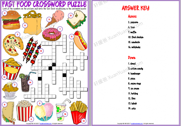 《快餐食物填字游戏》互动练习纸6套PDF 百度网盘下载