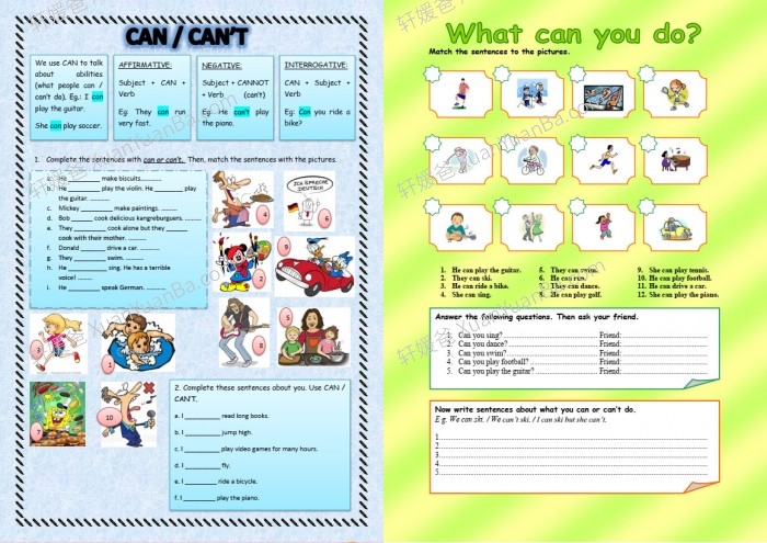 《Can worksheets》关于Can的用法语法专项练习纸9套PDF 百度网盘下载