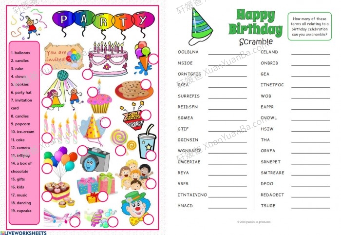 《PARTY VOCABULARY: WORKSHEETS》聚会词汇专项练习7份 PDF百度网盘下载