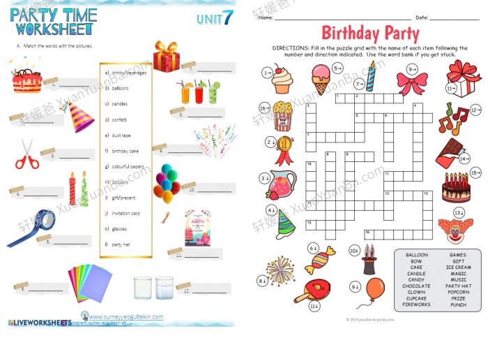 《PARTY VOCABULARY: WORKSHEETS》聚会词汇专项练习7份 PDF百度网盘下载