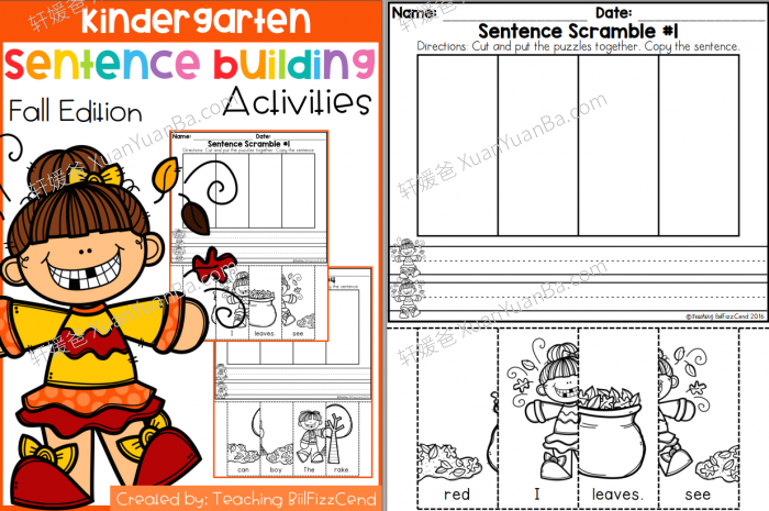 《Kindergarten Sentence Building》造句拼图单词排序练习册作业纸4册PDF 百度云网盘下载