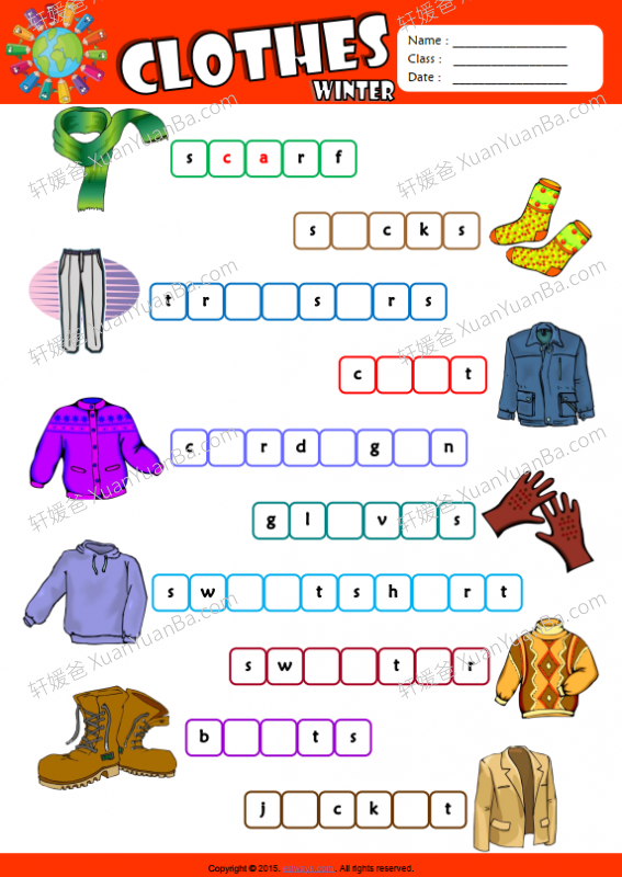 《Winter clothes》关于冬天的衣服词汇练习PDF 百度云网盘下载