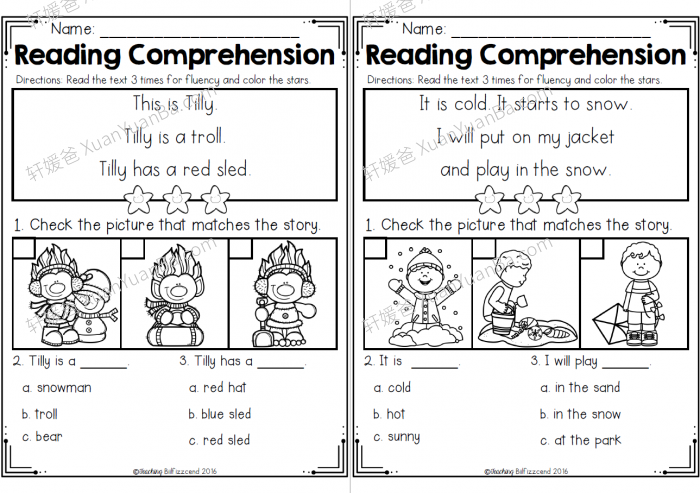 《Kindergarten Reading Comprehension》四季英文阅读理解作业纸练习册素材PDF 百度云网盘下载