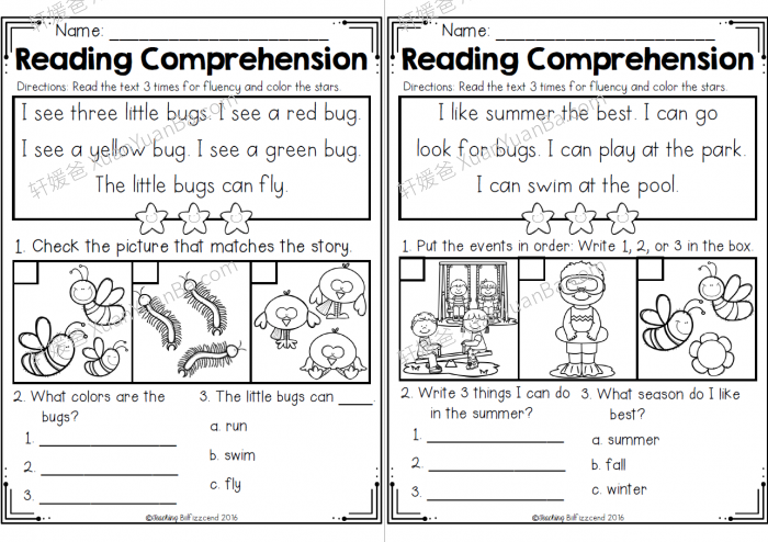 《Kindergarten Reading Comprehension》四季英文阅读理解作业纸练习册素材PDF 百度云网盘下载