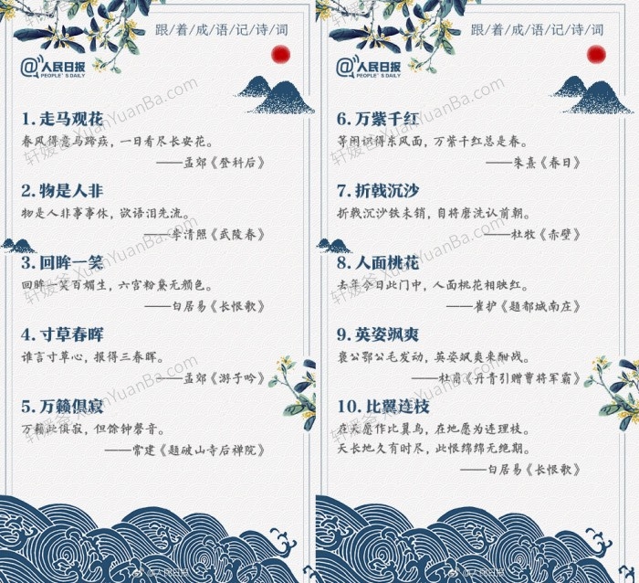 《人民日报历年推荐古诗词卡片》200张小学必背主题唐诗宋词可打印 百度云网盘下载