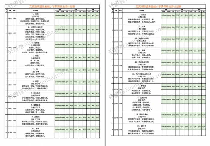 《艾宾浩斯遗忘曲线复习计划表》可计划背古诗英语等表格 百度云网盘下载