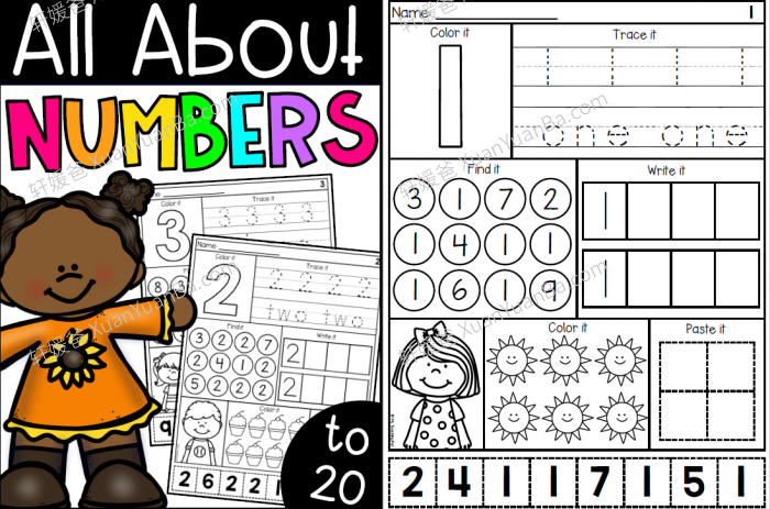 《Numbers to 20 Worksheets》学前数字启蒙综合练习作业纸4份PDF 百度云网盘下载