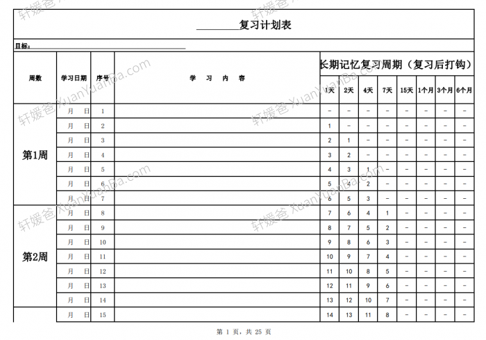 《艾宾浩斯遗忘曲线复习计划表》可计划背古诗英语等表格 百度云网盘下载