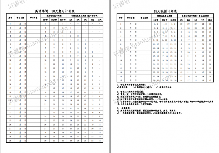 《艾宾浩斯遗忘曲线复习计划表》可计划背古诗英语等表格 百度云网盘下载