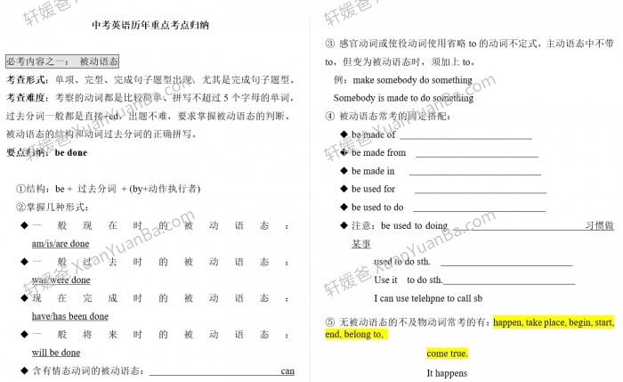 《中考英语历年中考英语重点考点归纳》必考内容总结Word 百度云网盘下载