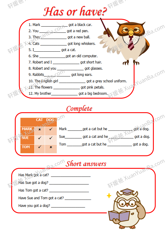 《HAVE GOT/HAS GOT WORKSHEETS》7份语法练习作业纸PDF 百度网盘下载