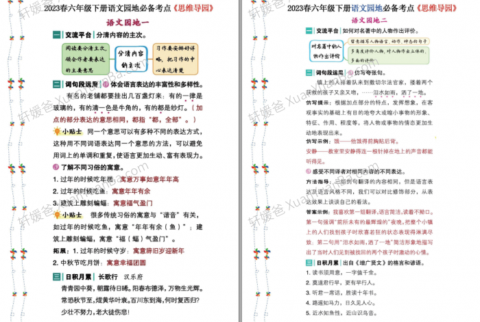 《2023年1-6年级语文下册积累诵读》小学人教版语文必备考点思维导图PDF 百度网盘下载