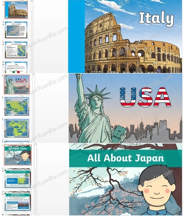 《世界各国历史文化介绍PPT课件资源包》45个英文国家地点幻灯片英语素材 百度云网盘下载