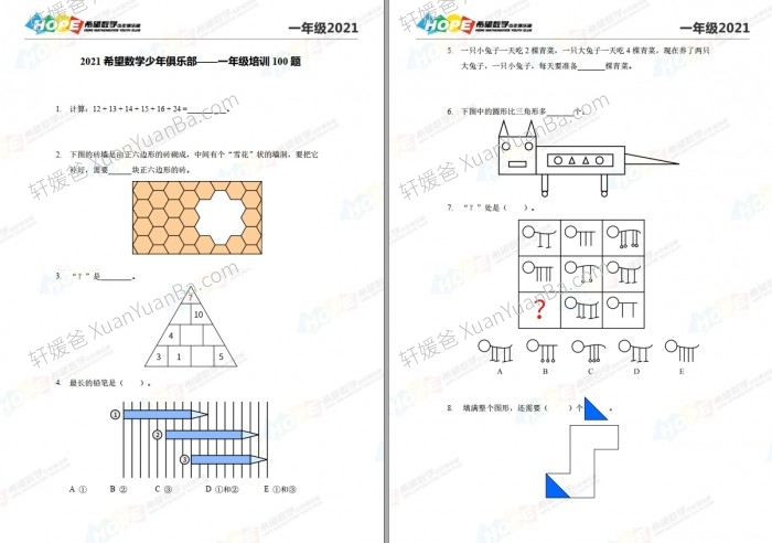 《2021新版希望杯希望数学试题》1-6年级小学数学试题含答案PDF 百度网盘下载