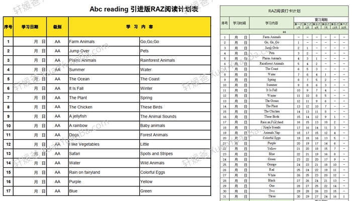 《RAZ 分级阅读打卡表》每日阅读曲线记忆打卡记录PDF 百度云网盘下载