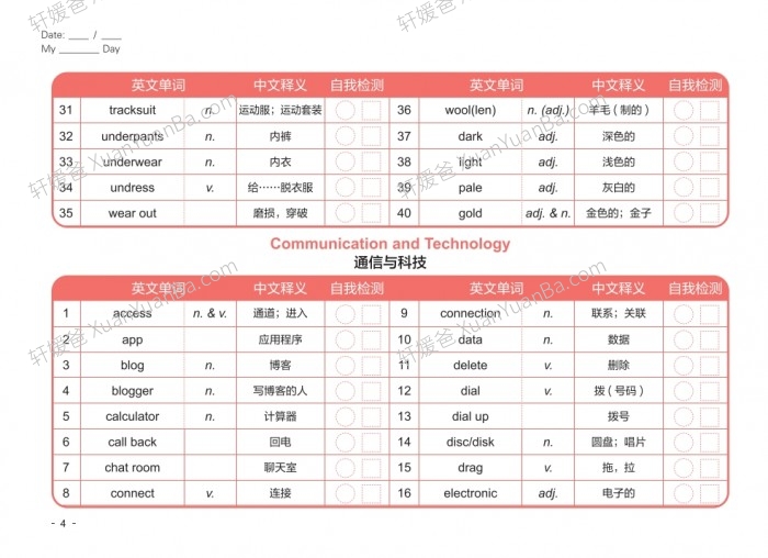 《KET PET词汇自检表》词汇巩固练习每日打卡PDF  百度网盘下载