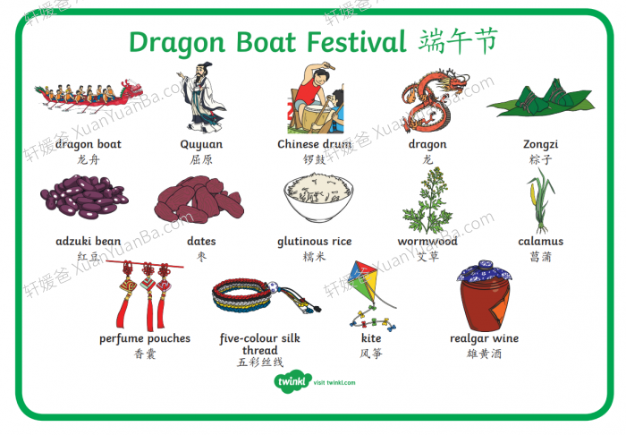 《端午节英文素材》来源风俗词汇阅读写作儿歌绘本手工游戏练习册 百度云网盘下载