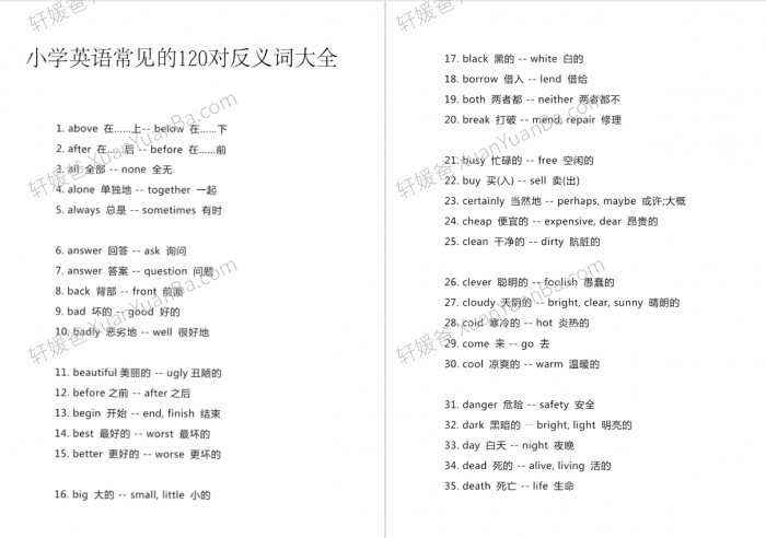 《小学英语常见的120对反义词大全》反义词词语汇总PDF 百度云网盘下载