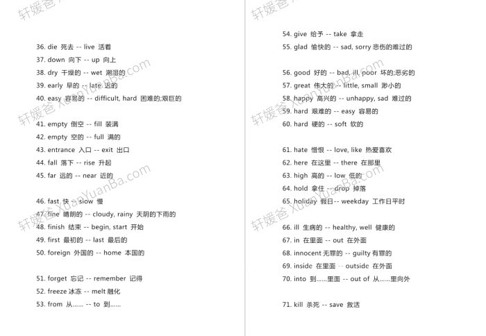 《小学英语常见的120对反义词大全》反义词词语汇总PDF 百度云网盘下载