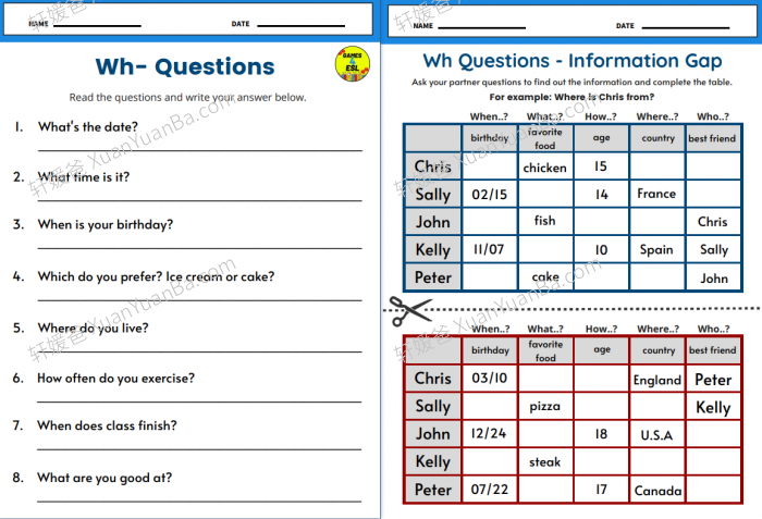 《Wh-Questions - Worksheets 5份》Wh 疑问句疑问词语法练习册PDF百度云网盘下载