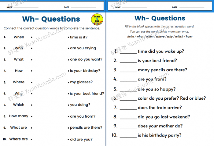 《Wh-Questions - Worksheets 5份》Wh 疑问句疑问词语法练习册PDF百度云网盘下载