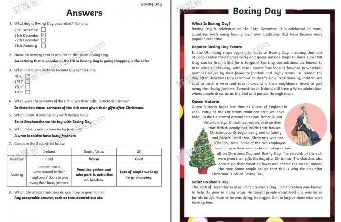 《3篇不同难度任务的节礼日阅读理解 Boxing day differentiated》12页英文练习纸PDF  百度云网盘下载