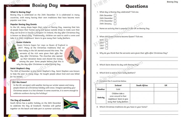 《3篇不同难度任务的节礼日阅读理解 Boxing day differentiated》12页英文练习纸PDF  百度云网盘下载