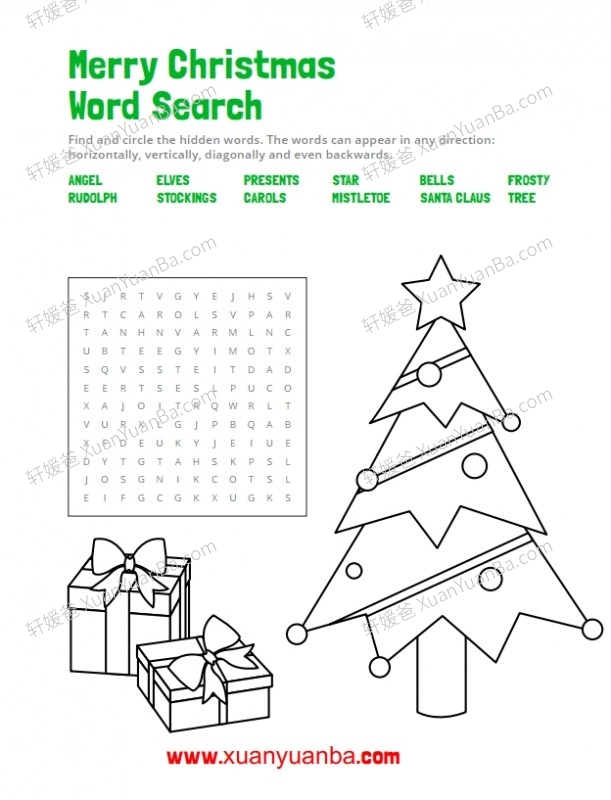 《圣诞主题找单词 Merry Christmas Word Search》涂色找英文单词线稿PDF 百度云网盘下载
