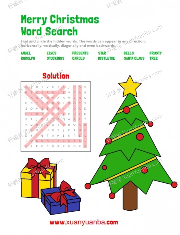 《圣诞主题找单词 Merry Christmas Word Search》涂色找英文单词线稿PDF 百度云网盘下载