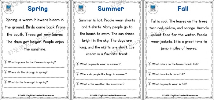 《四个趣味主题阅读理解练习 Reading Comprehension》季节日常生活食物野生动物主题PDF 百度云网盘下载