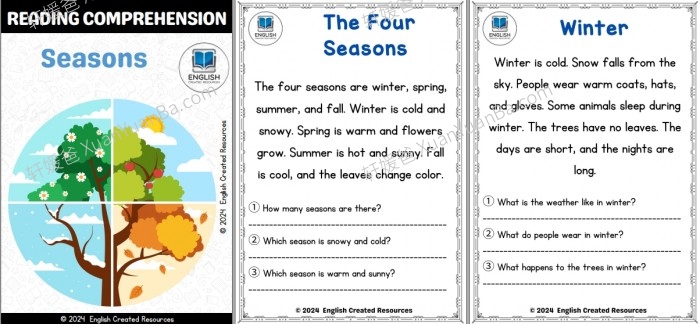 《四个趣味主题阅读理解练习 Reading Comprehension》季节日常生活食物野生动物主题PDF 百度云网盘下载