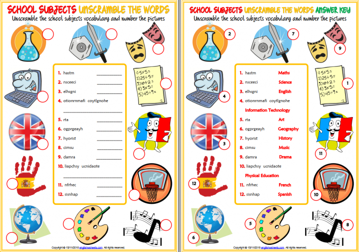 《SCHOOL SUBJECTS WORKSHEETS》学校主题英语练习纸PDF 百度云网盘下载