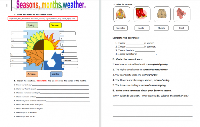 《Seasons 一年四季月份》小学英语四份Worksheet Word格式可编辑 百度云网盘下载