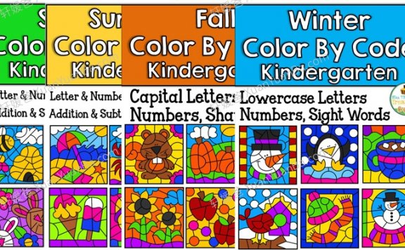 《Color By Code First Grade Bundle》四季涂色游戏英文练习纸全4册PDF 百度云网盘下载