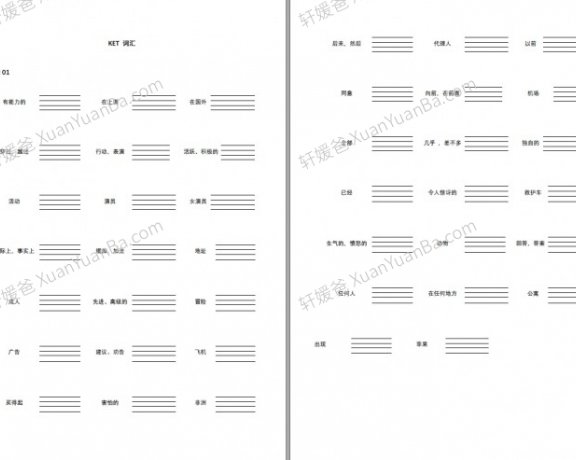 《KET词汇默写表》30个单元备考60页PDF 百度云网盘下载