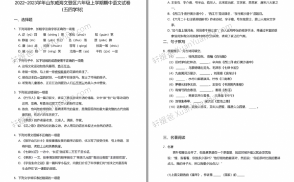 《2022-2023学年山东威海文登区六年级上学期期中语文试卷》 PDF 百度云网盘下载