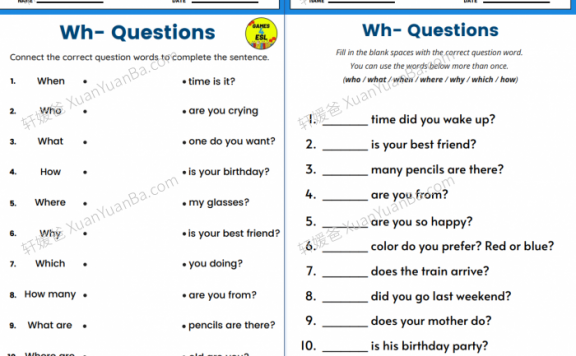 《Wh-Questions – Worksheets 5份》Wh 疑问句疑问词语法练习册PDF百度云网盘下载