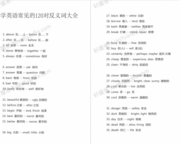 《小学英语常见的120对反义词大全》反义词词语汇总PDF 百度云网盘下载