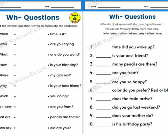 《Wh-Questions – Worksheets 5份》Wh 疑问句疑问词语法练习册PDF百度云网盘下载