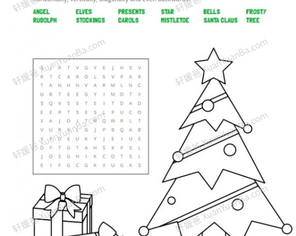 《圣诞主题找单词 Merry Christmas Word Search》涂色找英文单词线稿PDF 百度云网盘下载