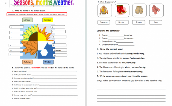 《Seasons 一年四季月份》小学英语四份Worksheet Word格式可编辑 百度云网盘下载